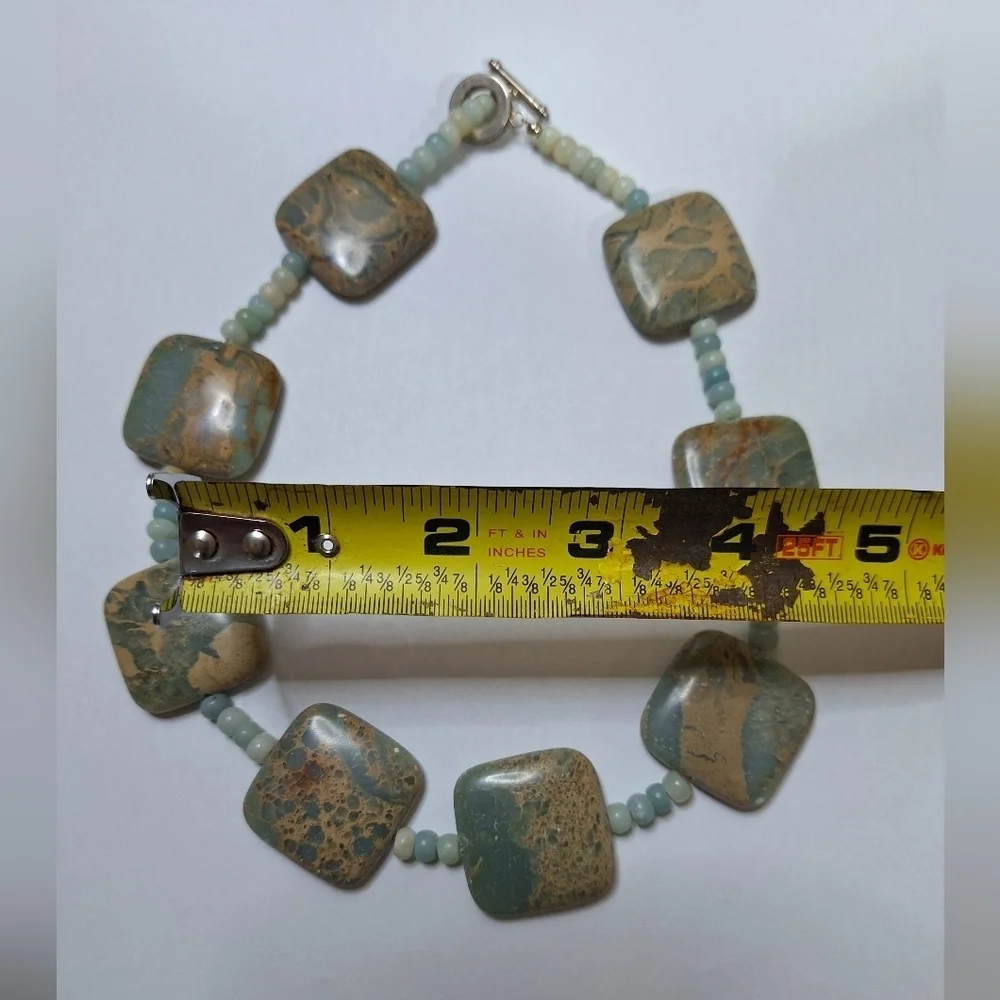 Teal Beaded Square Stone Marble Style Statement Costume Jewelry Necklace - Picture 10 of 11